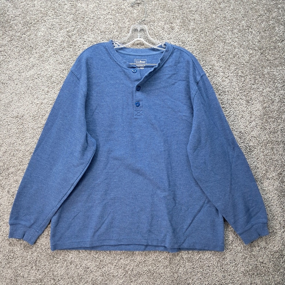 LL Bean Mens XL Blue Waffle Knit Henley Shirt Long Sleeve Traditional Fit 502224